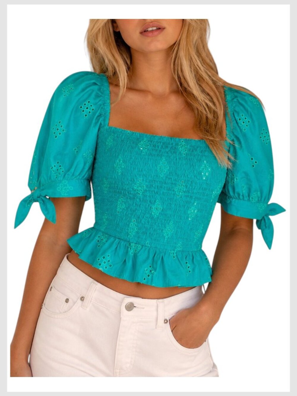 Zara Smocked Crop Top Turquoise Eyelet Puff Sleeve S